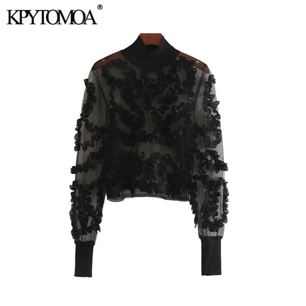 

vintage transparent applique short style mesh blouse fashion long sleeve female shirts blusas chic crop y200422, White