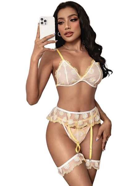 

5pack floral embroidered wireless garter lingerie set t6gw#, Black;red