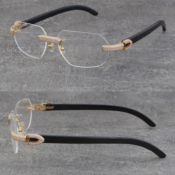 Neue Metall-Mikropavig-Diamant-Set-Rahmen Randless 3524012 Brille Schwarze Büffelhorngläser Männer Frauen mit C Dekoration Steine Draht Gold Rahmen weiße Brillen