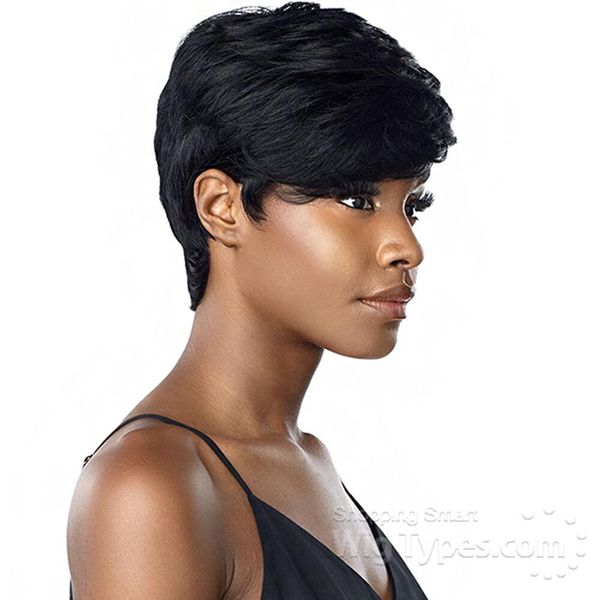 

short pixie cut wigs for black women human hair full machine made none lace front wig short hairstyles, Black;brown
