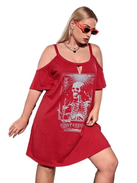 

plus skeleton print cut out cold shoulder dress h3up#, Black