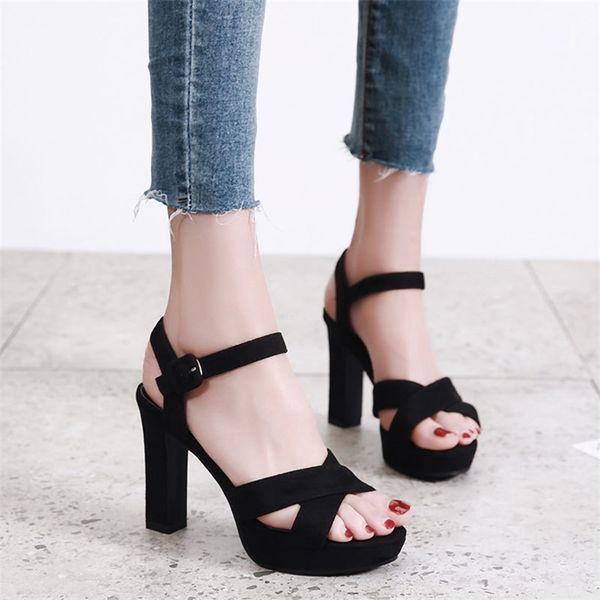 

lucyever women pumps fashion open toe thick high heels 10cm sandals summer shoes woman solid gladiator sandals 220425, Black