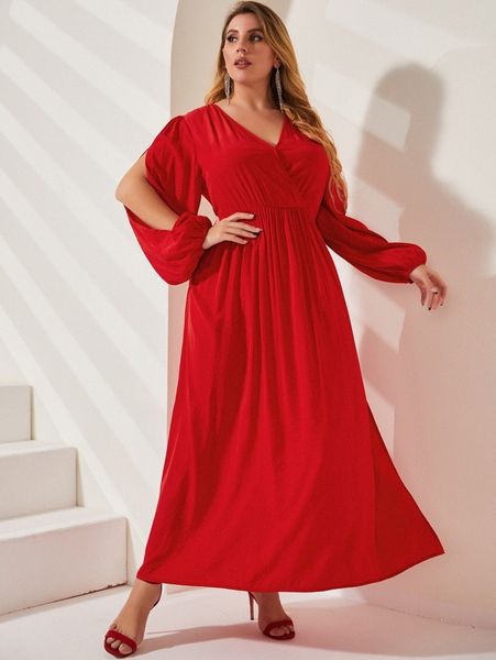 

sbetro plus split sleeve overlap collar slit thigh dress k4ip#, Black