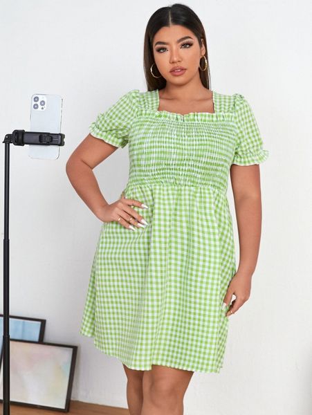 

plus gingham print frill trim square neck shirred bust dress x5mq#, Black