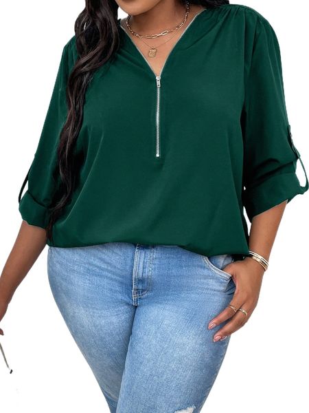 

plus roll tab sleeve half zip blouse l68x#, Black