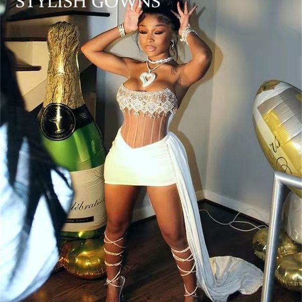 

velvet strapless mermaid short prom dresses crystal beaded birthday party dress illusion mini cocktail homecoming 220608, White;black