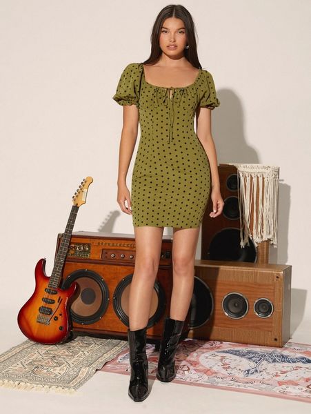 

polka dot tie front puff sleeve bodycon dress j5rc#, Black;gray