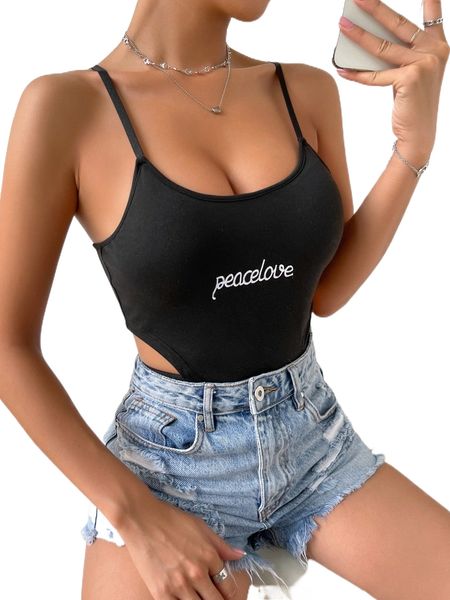 

letter embroidered cut out cami bodysuit 20gr#, White