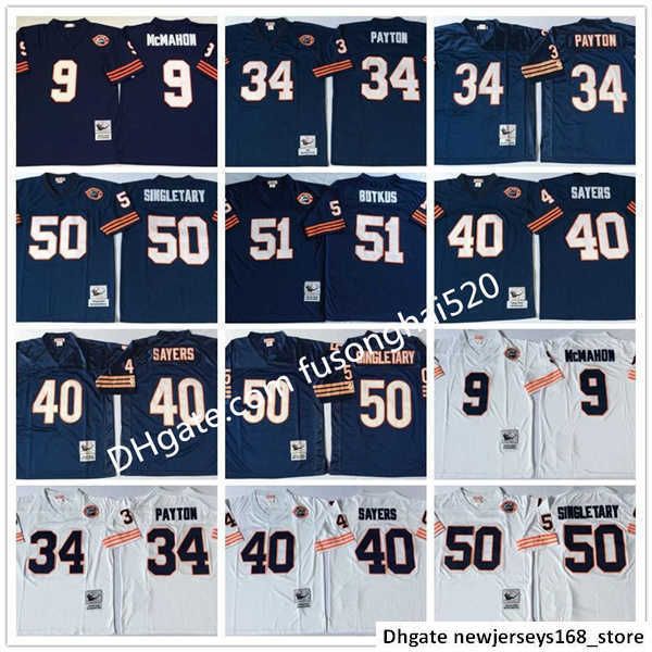 

vintage men 34 walter payton 40 gale sayers 50 mike singletary 51 dick butkus 9 jim mcmahon navy blue white home away college jerseys, Black