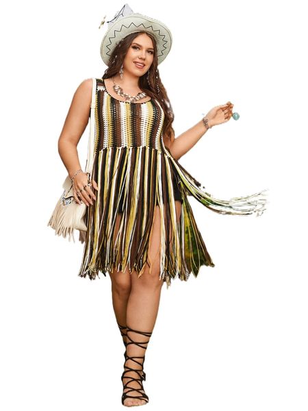 

plus block striped fringe hem knit v8y7#, Black