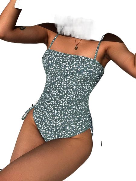 

ditsy floral print drawstring one piece swimsuit 35q9#, White;black