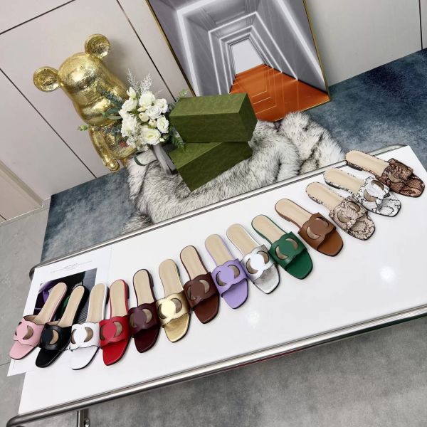 

made in italy women interlocking slippers g cut-out slide sandal calf leather flat ladies fashion cutout wear shoes 35-44 qtv, Black