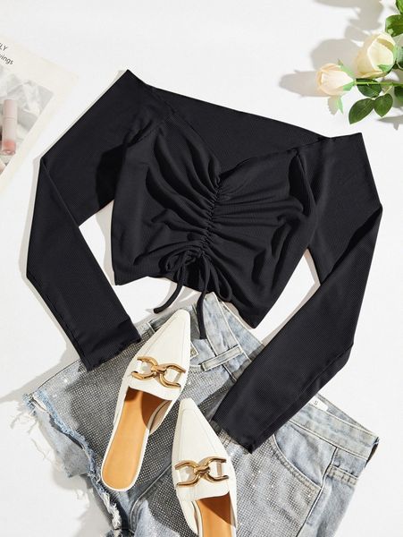 

ribbed knit drawstring front tee p75c#, White