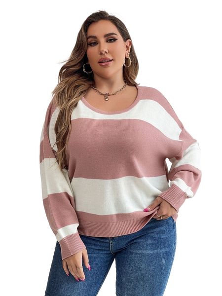 

plus color block drop shoulder twist backless sweater 43dl#, Black