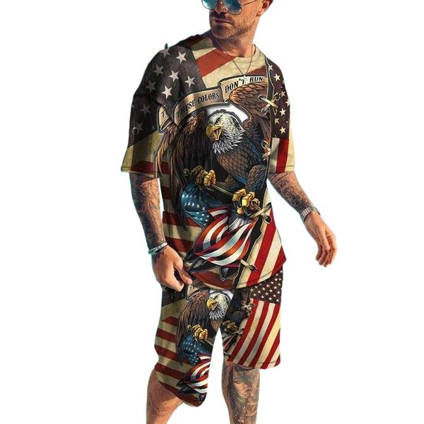 

men's tracksuits men's summer tshirt set vintage shorts 2 pieces american flag outfit design oversized quick dry breathable sport, Gray