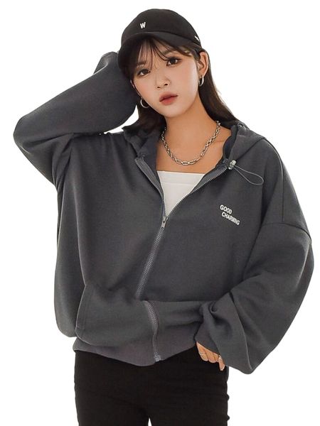 

dazy letter graphic drop shoulder zip up drawstring hoodie 82q3#, Black