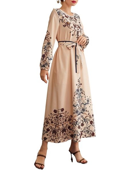 

lace trim floral print belted dress w1q1#, Black;gray