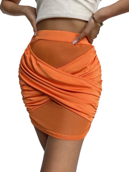 

wrap cross ruched high rise skirt t95w#, Black