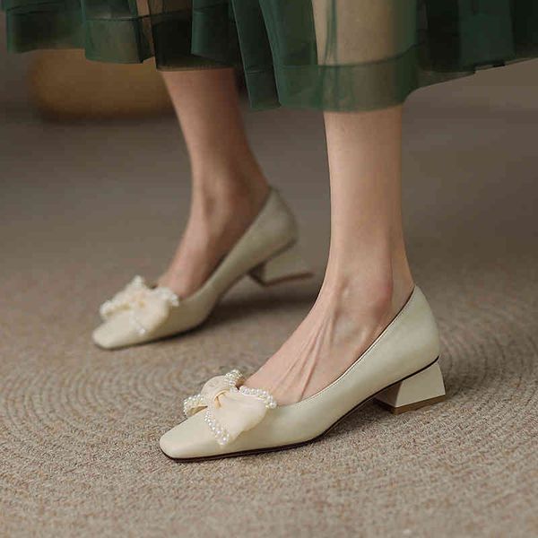 

sandals bow tie square head thick heel shallow mouth single shoes spring simple korean pearl comfortable temperament women u5io, Black