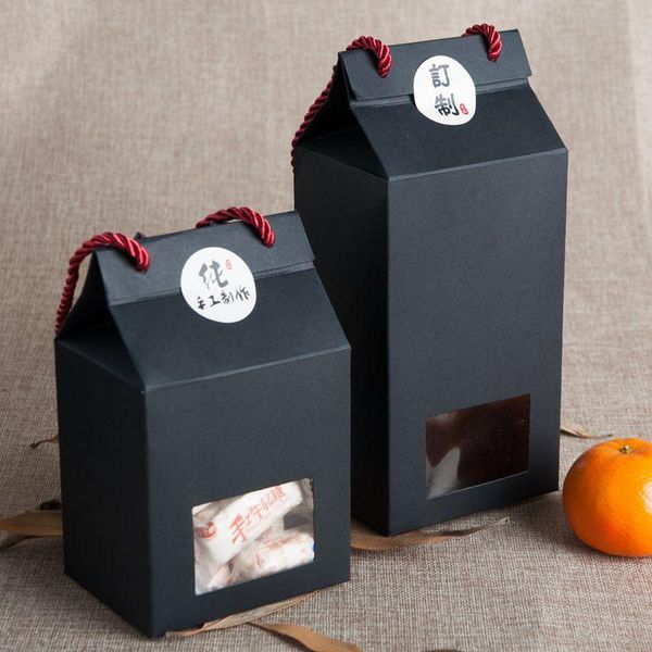 Confezione regalo 10 pezzi Scatola nera Confezione da forno Carta kraft con manico Mano PoketCover Coperchio Spessa finestra Mostra torta pieghevole