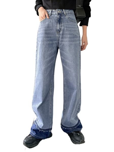 

dazy slant pocket raw cut contrast panel jeans s2rk#, Blue