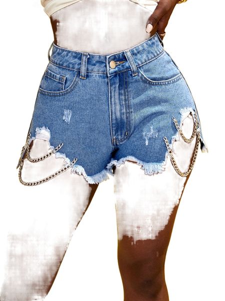 

sxy raw hem chain denim shorts 26f1#, White;black