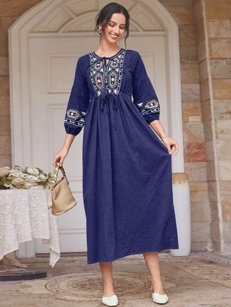 

tie neck floral & geo embroidery drawstring dress w6ao#, Black;gray