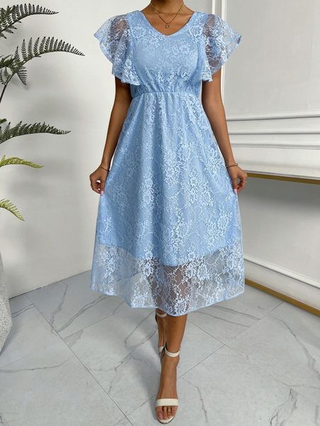 

butterfly sleeve a-line lace dress 00ix#, Black;gray