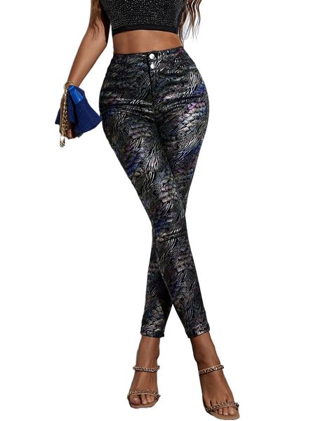 

apperloth a high waist allover print patent skinny pants h0it#, Black;white