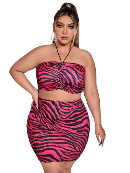 

plus zebra striped drawstring halter & bodycon skirt g1gm#, Black