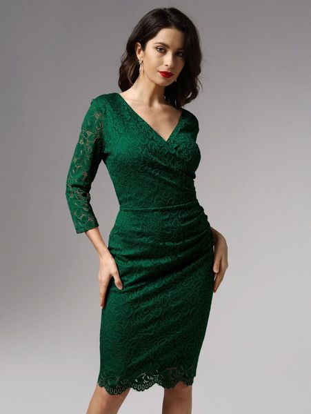 

miusol surplice neck scallop trim lace fitted dress a40i#, Black;gray