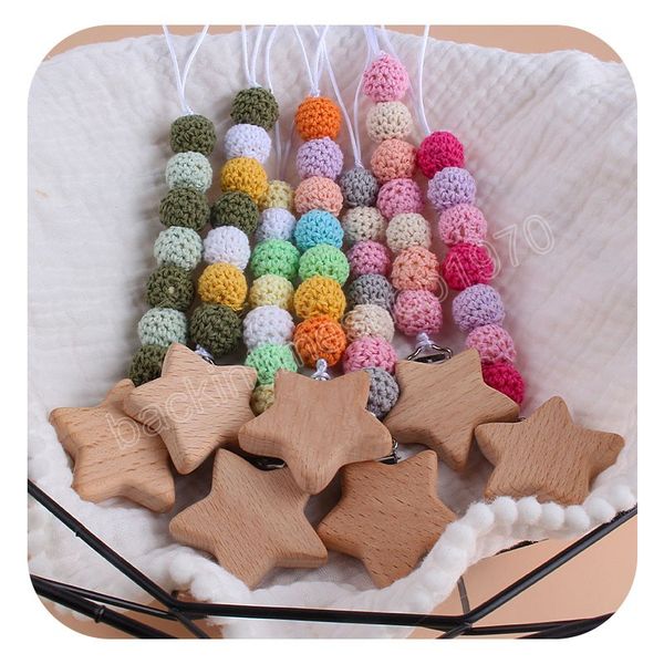 

baby handmade pacifier chain clip dummy nipples holder clips newbron wooden pentagram wool ball chains toy gifts for baby accessories