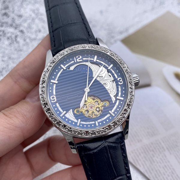 

three stitches series tourbillon automatic mechanical watch brand leather strap deluxe fashion moon phase hollow carving flower shell cover, Slivery;brown