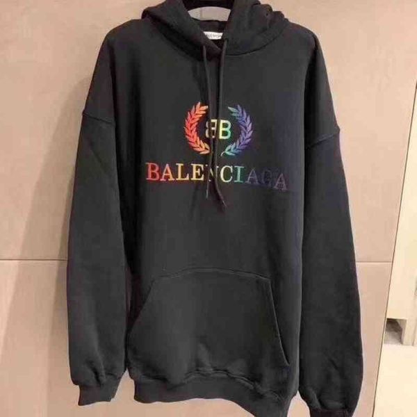 

k7ed autumn and winter new b family wheat ear double b printing hooded pure cotton sweater for male and female lovers large size loose base, Black