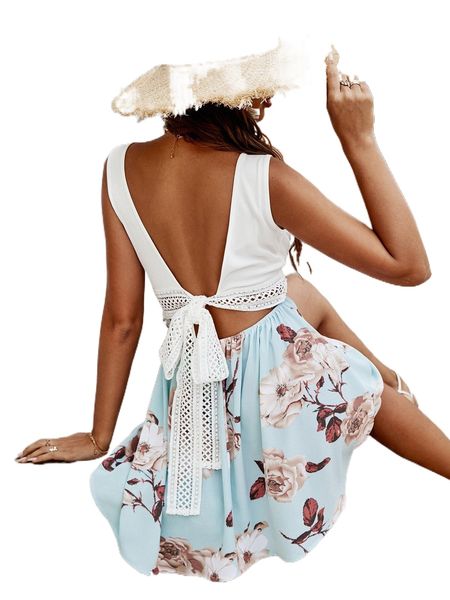 

floral print guipure lace insert tie back dress i0ks#, Black;gray