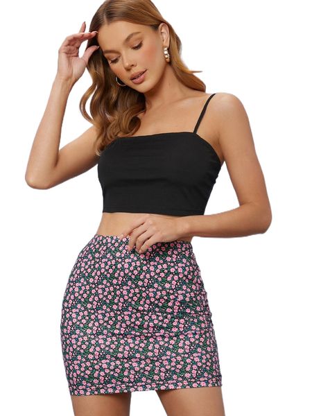 

crop cami and ditsy floral skirt set d1i9#, White