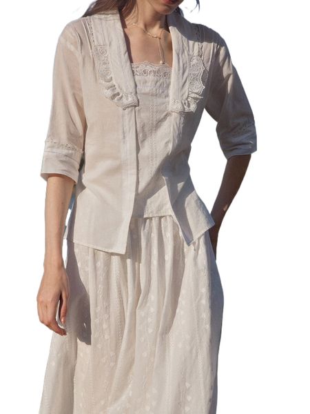 

simple retro lace detail tie back blouse with camisole 23kl#, White