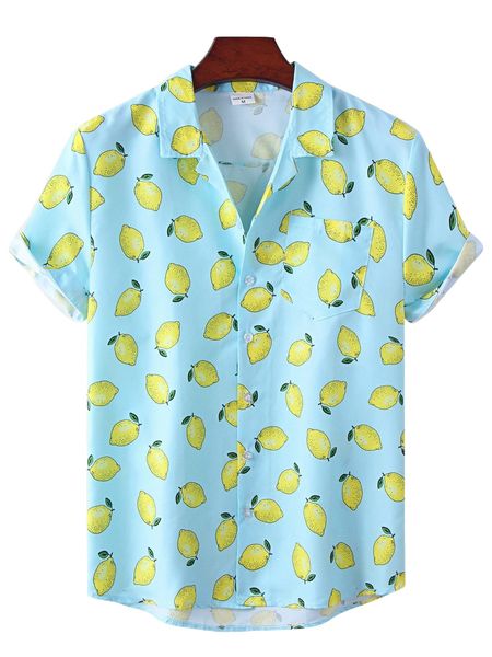 

romwe guys lemon print button front shirt y157#, White;black
