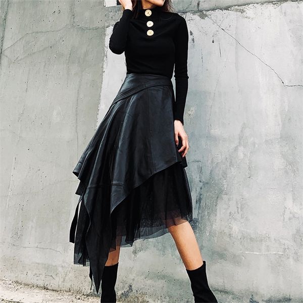 

lanmrem 2020 spring new pu leather skirt in the long section of high waist a line long irregular mesh skirt 19b a444 t200712, Black
