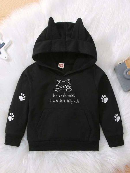 

baby cat and slogan graphic 3d ears design hoodie she, Black