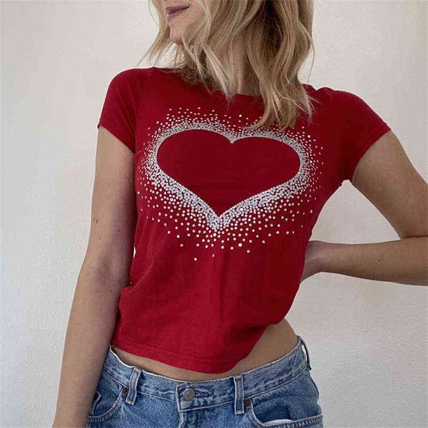 

women short rhinestone t-shirts adults casual love pattern short sleeve round neck pullover summer crop y220411, White