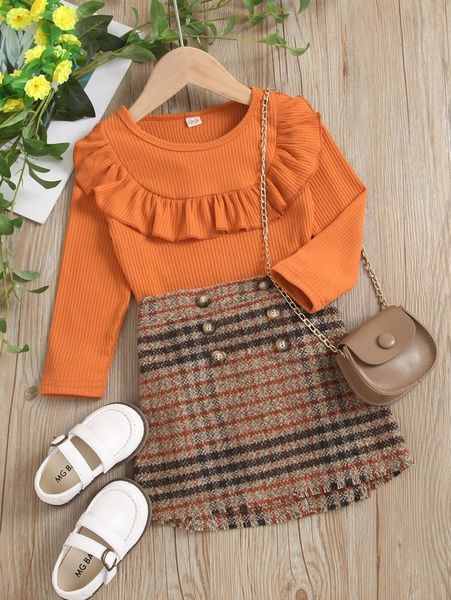 

toddler girls ruffle trim & plaid double breasted skirt she, White