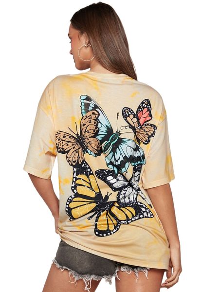 

butterfly print tie dye drop shoulder tee v3ji#, White