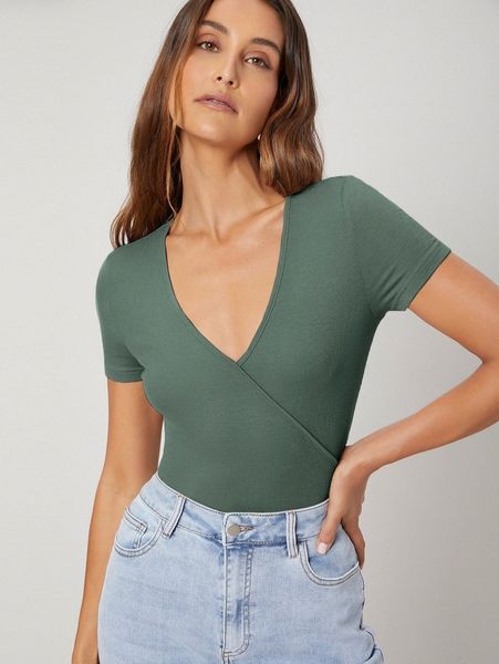 

motf premium viscose ribbed wrap t-shirt u5an#, White