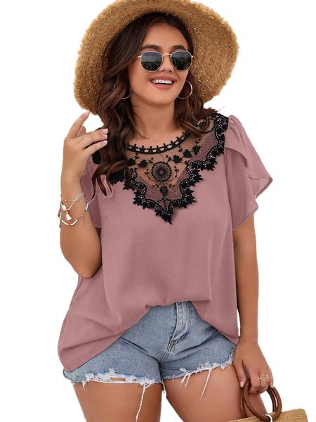 

plus contrast lace petal sleeve blouse n5gx#, Black
