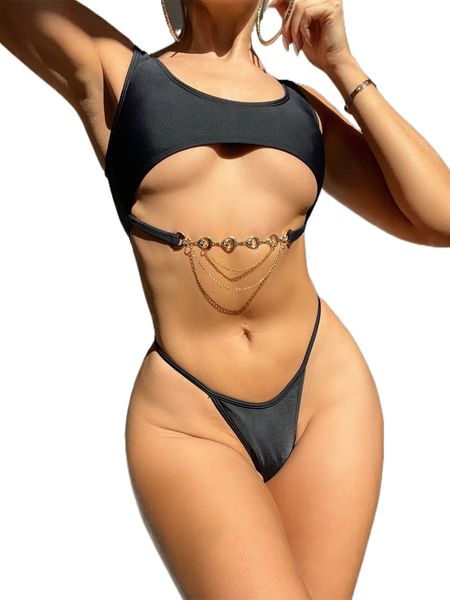

cut-out chain decor bikini swimsuit 27fi#, White;black