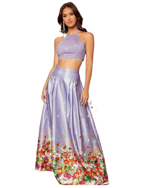 

floral lace halter & floral print pleated detail skirt n4qg#, White