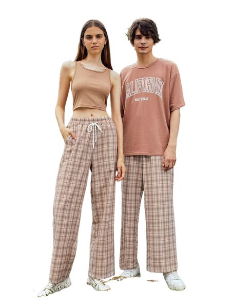 

romwe 1pc plaid drawstring pants e1a0#, Black