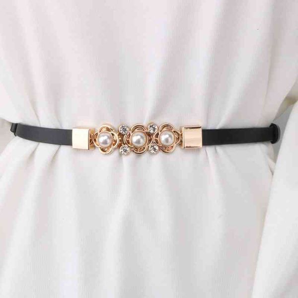 

belts adjustable leather pearl flower thin belt women's sweater accessories waist chain nlin, Black;brown