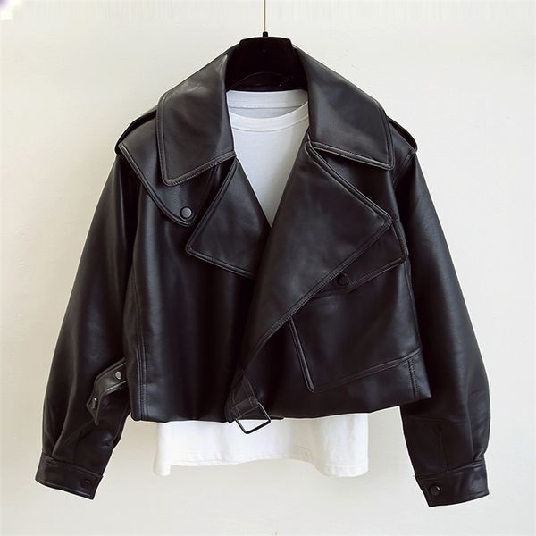

ftlzz spring women faux leather jacket biker red white coat turndown collar pu motorcycle jackets loose streetwear outerwear 220803, Black
